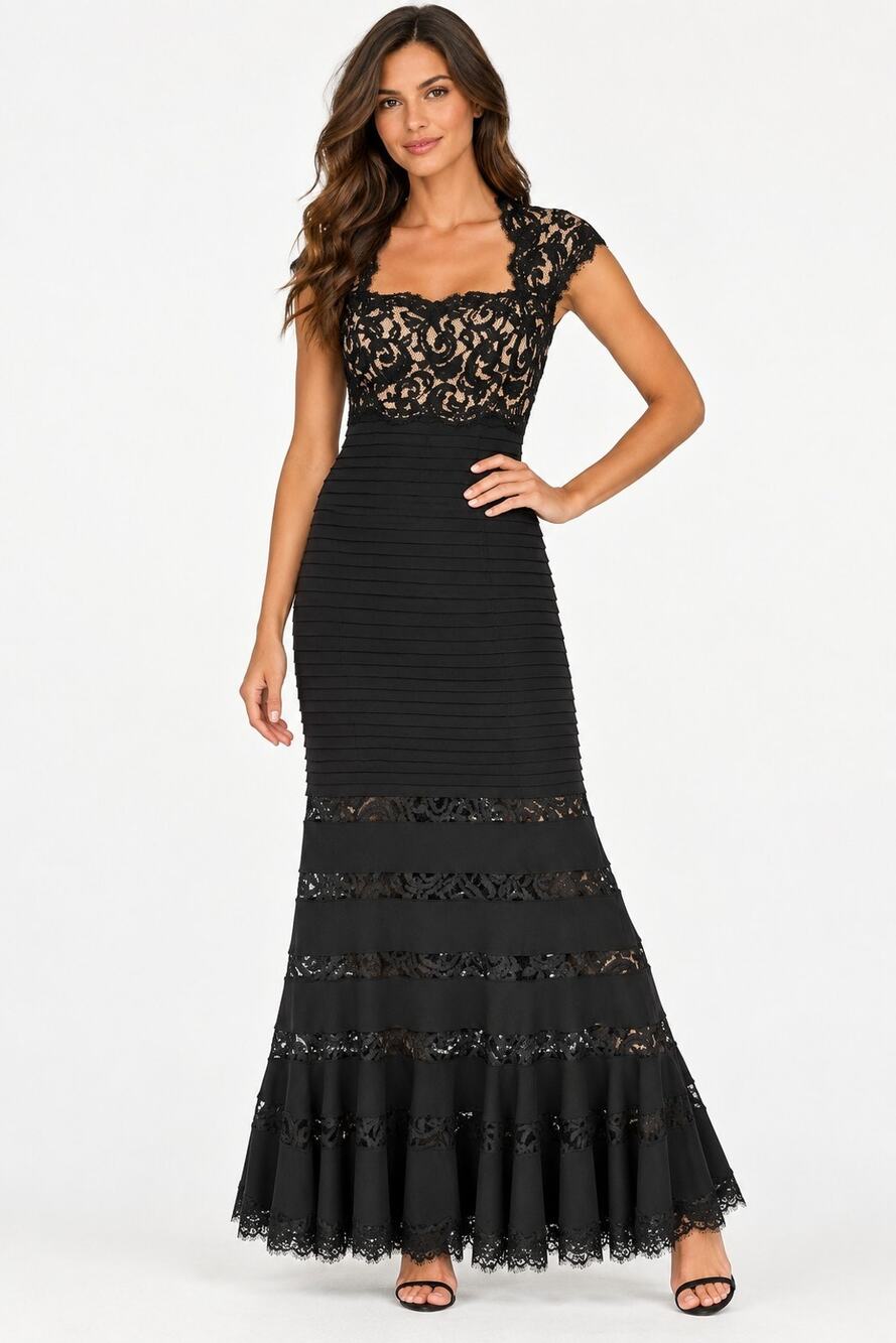 Tadashi Shoji Black Lace Cotton Blend Maxi Dress US 4